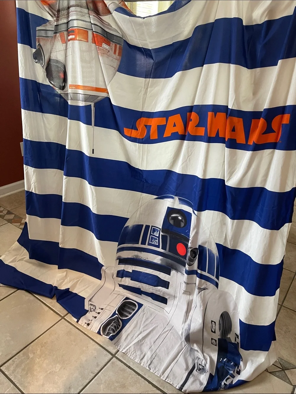Star Wars Kids Shower Curtain - Blue & White Stripes with R2-D2 and BB-8